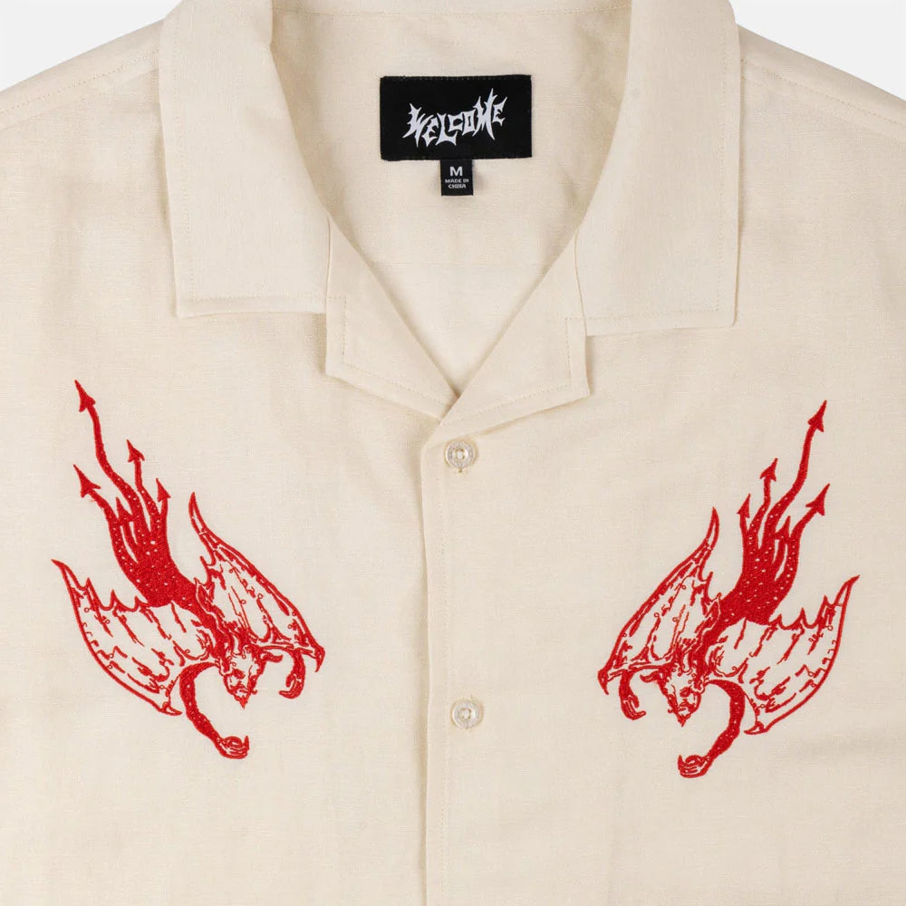 Welcome Skateboards - Hellion Embroided Linen Shirt Bone