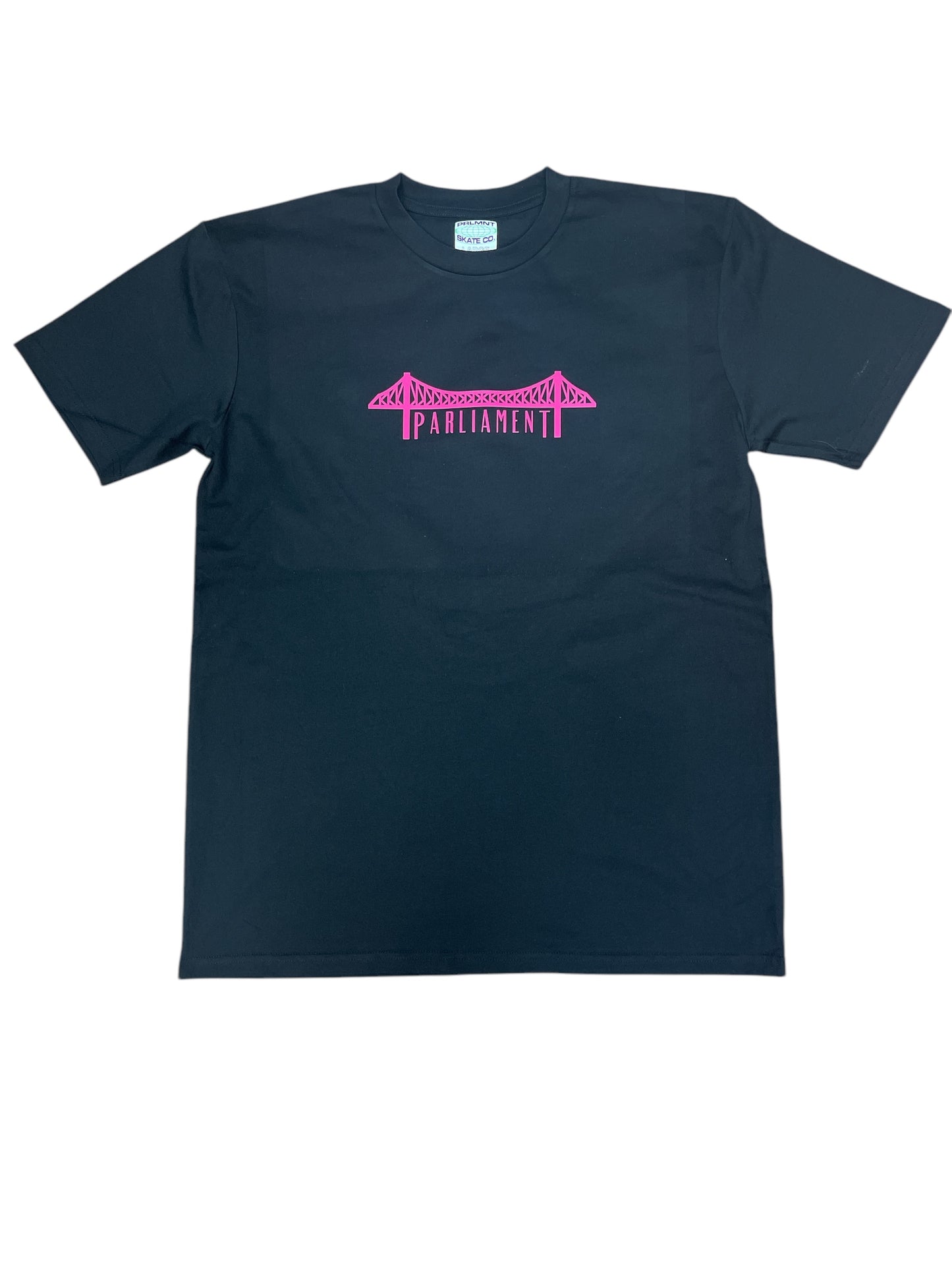 Parliament - Bridge Logo Tee - Pink on Black tee.