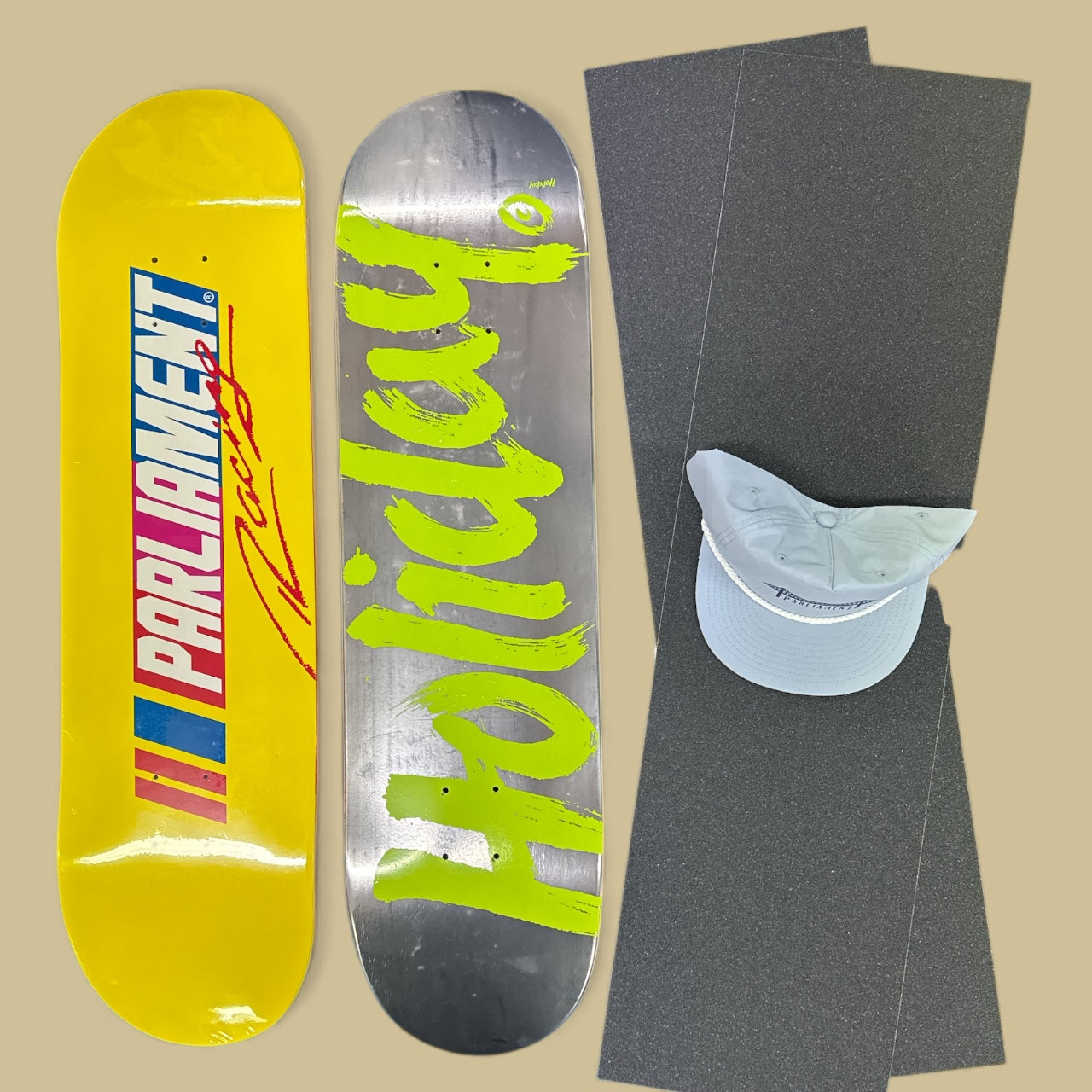 Sale Deal - 8.25" 1x Holiday deck, 1x Parliament Deck, 2x Sheets Free Grip & Parliament Cap