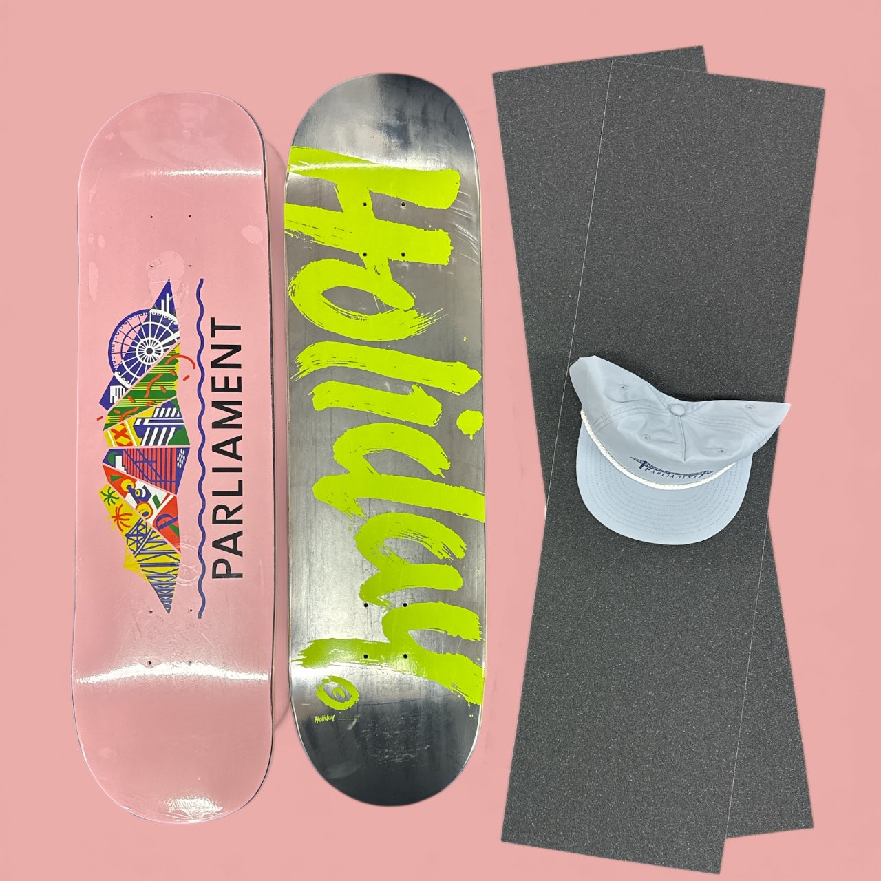 Sale Deal - 8.25" 1x Holiday deck, 1x Parliament Deck, 2x Sheets Free Grip & Parliament Cap