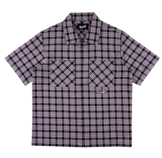 WELCOME -CELL WOVEN PLAID ZIP SHIRT - LAVENDER GREY