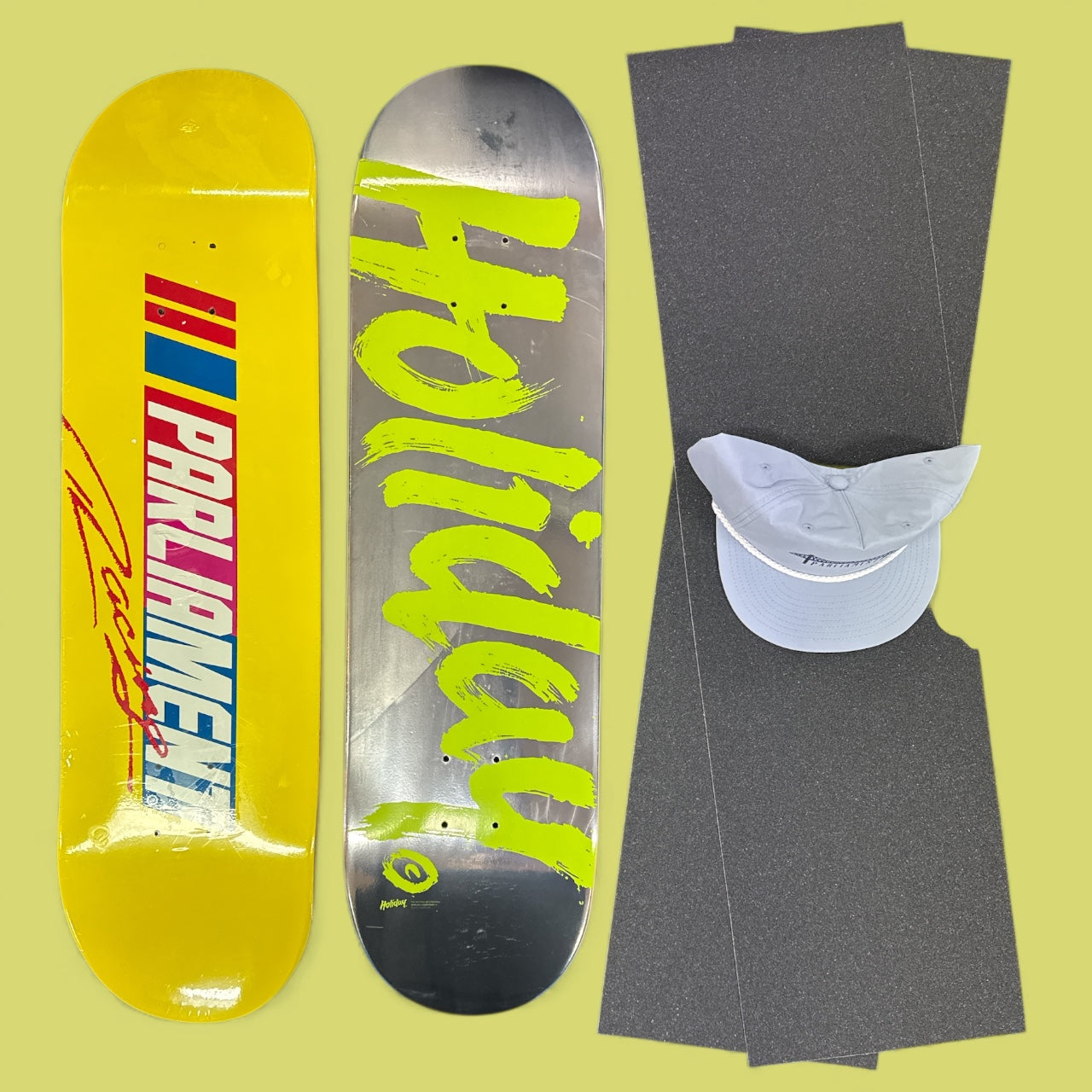 Sale Deal - 8.25" 1x Holiday deck, 1x Parliament Deck, 2x Sheets Free Grip & Parliament Cap