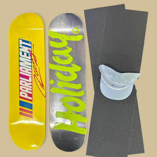 Sale Deal - 8.25" 1x Holiday deck, 1x Parliament Deck, 2x Sheets Free Grip & Parliament Cap