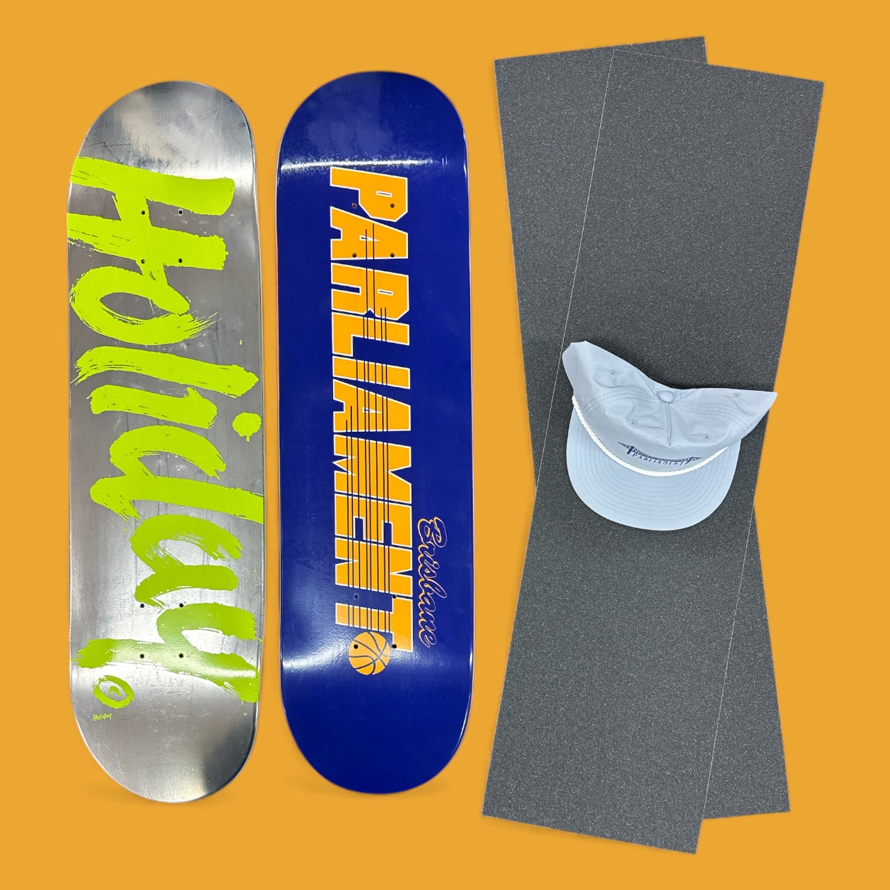 Sale Deal - 8.25" 1x Holiday deck, 1x Parliament Deck, 2x Sheets Free Grip & Parliament Cap