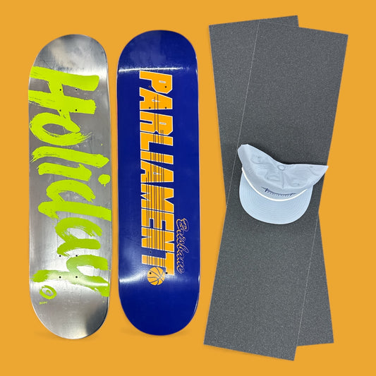 Sale Deal - 8.25" 1x Holiday deck, 1x Parliament Deck, 2x Sheets Free Grip & Parliament Cap